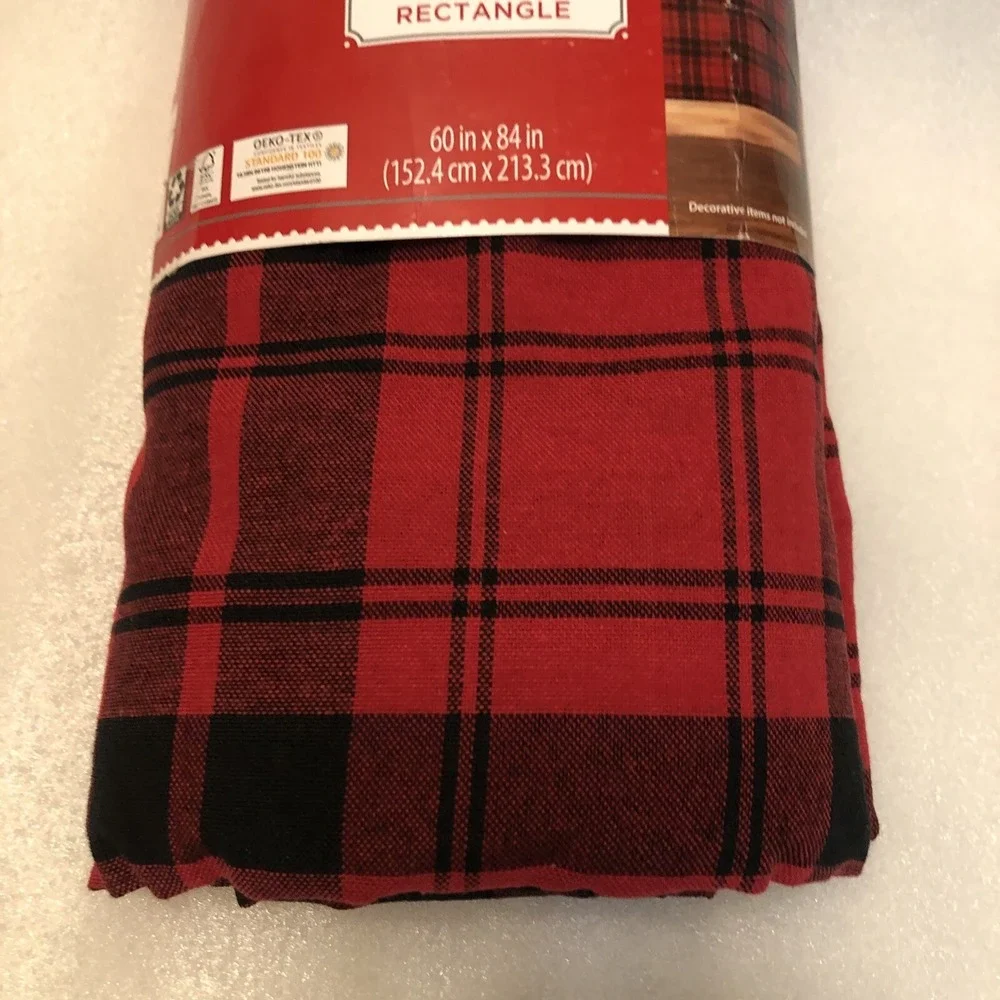 New Holiday Time‎ Buffalo Plaid Fabric Tablecloth Red Black Rectangle 60